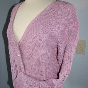 BEST AMERICAN CLOTHING Womens Knit Cardigan L Cable Knit and Embroidered Floral